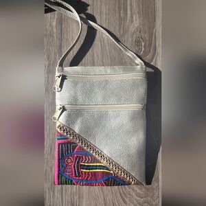 Silver Metallic Crossbody Kuna Mola Folk Art Fish Appliqué Boho Artisan Unique